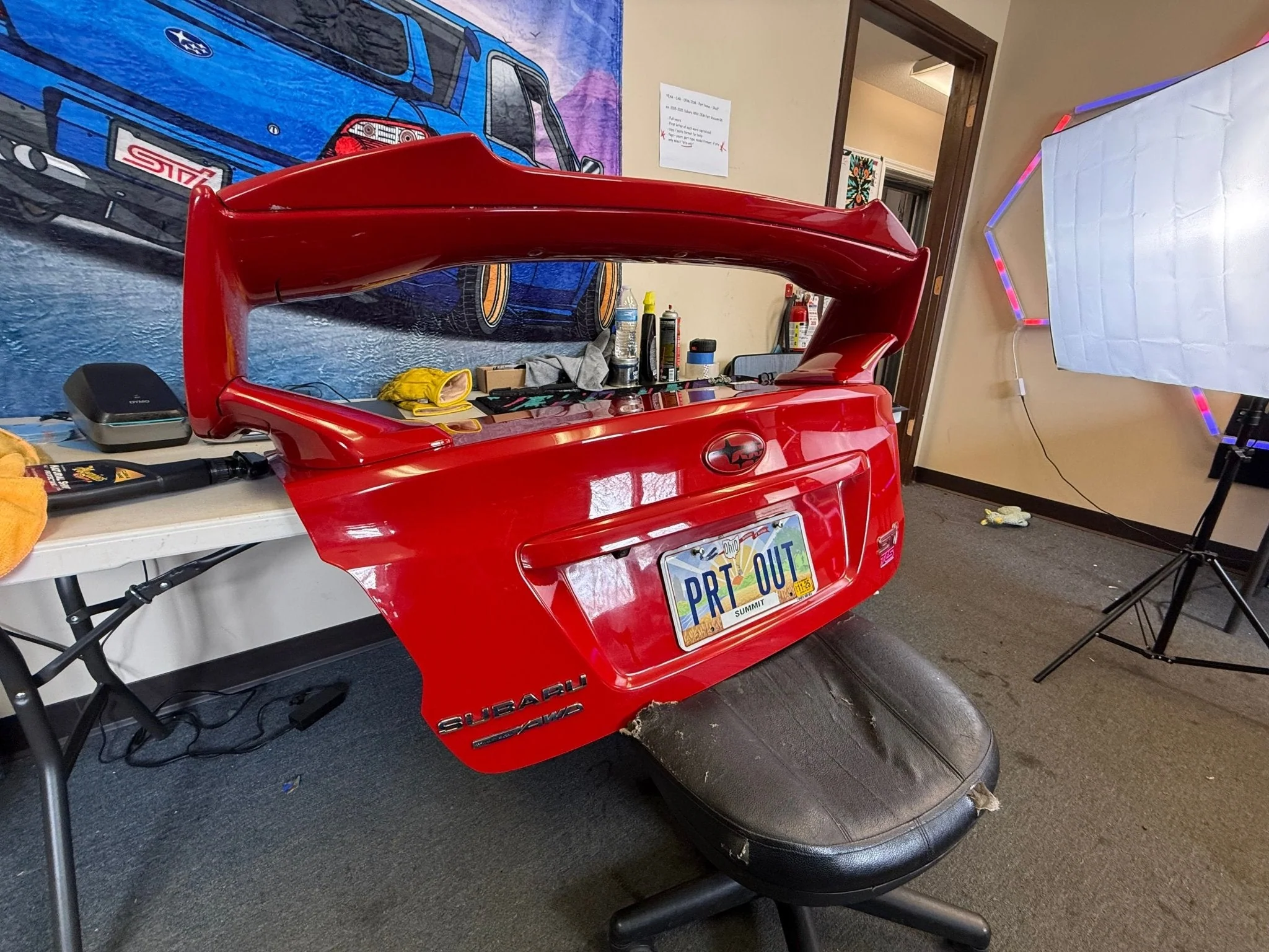LIGHTNING RED 2015 Subaru STi oem trunk & wing w/ gurney flap c7p back up camera - Image 11