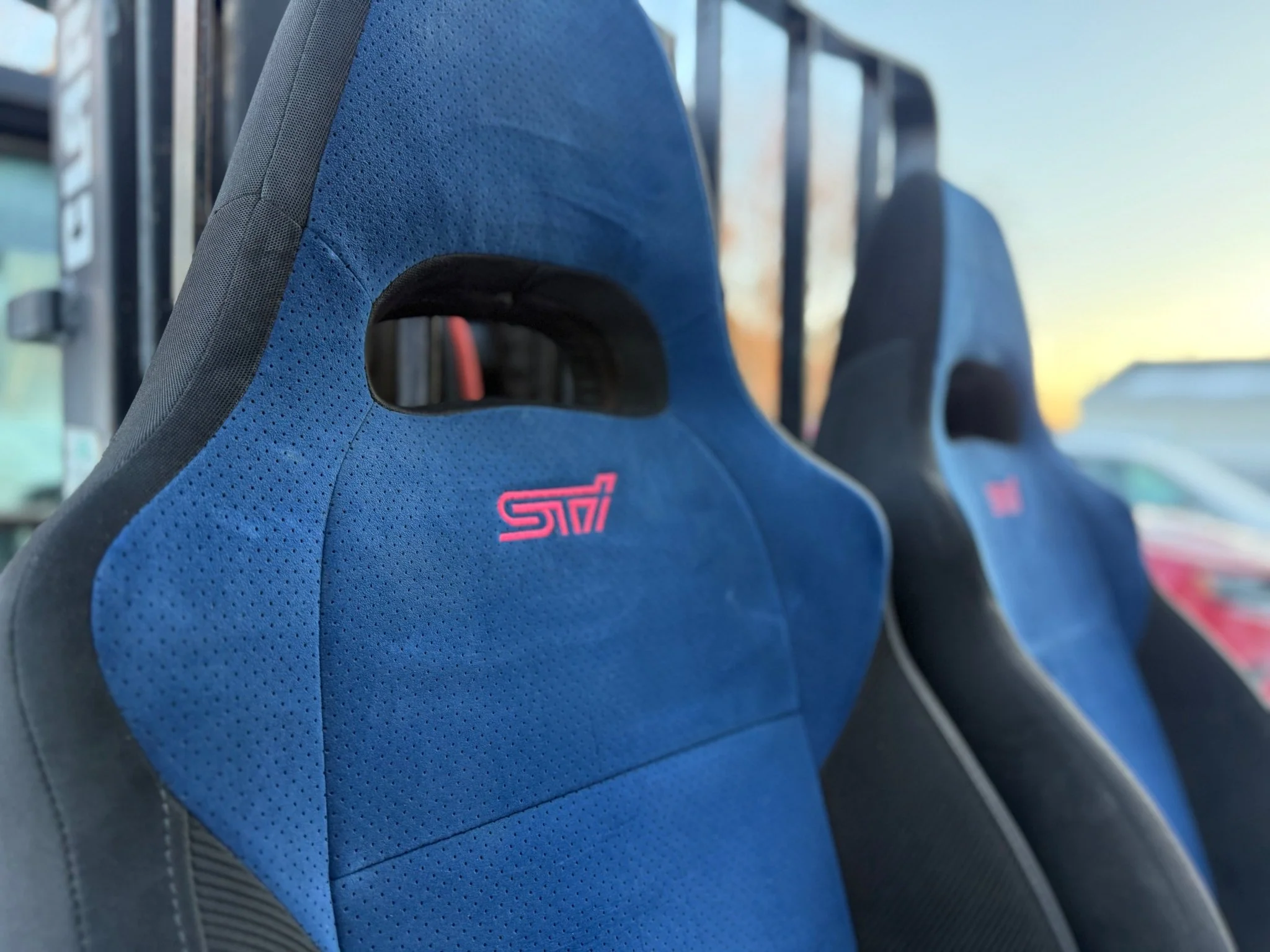 SUBARU STi front seat pair & rear WRX swap blue oem alcantara 2002-2007 pink cherry blossom logo - Image 10