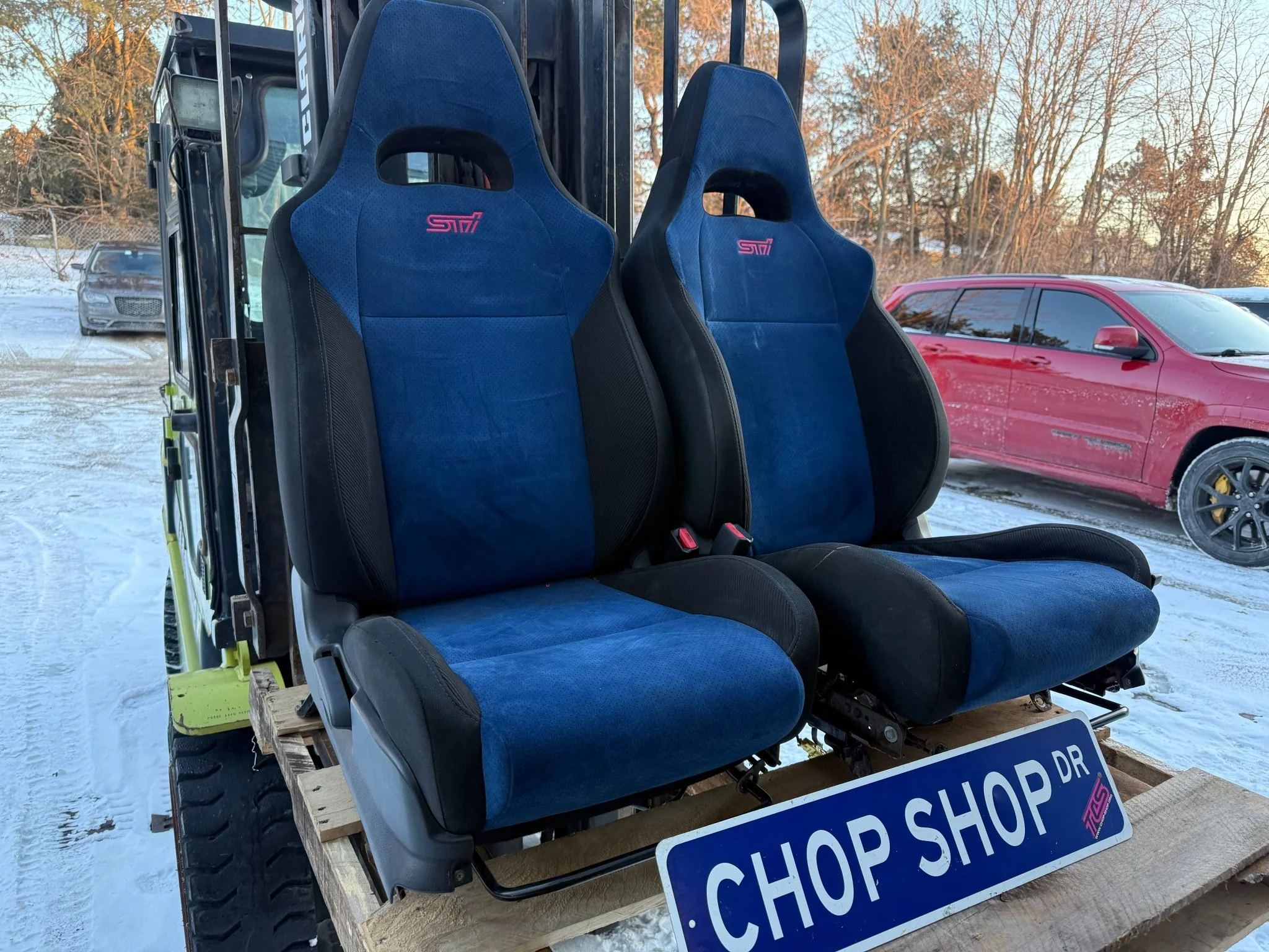 SUBARU STi front seat pair & rear WRX swap blue oem alcantara 2002-2007 pink cherry blossom logo - Image 12
