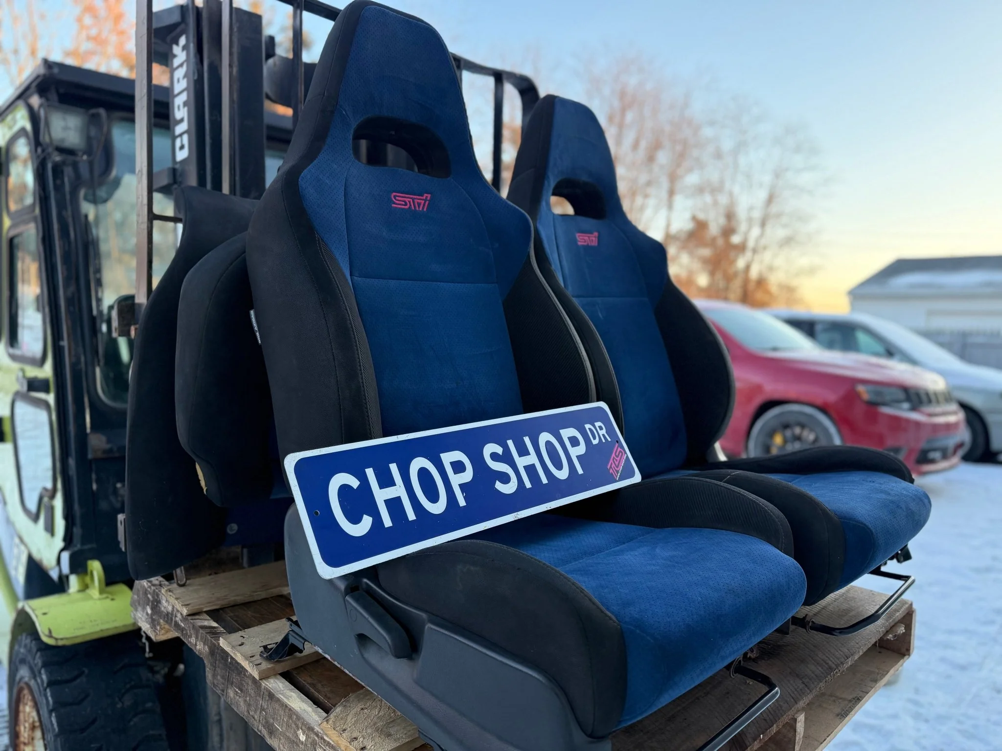 SUBARU STi front seat pair & rear WRX swap blue oem alcantara 2002-2007 pink cherry blossom logo - Image 7