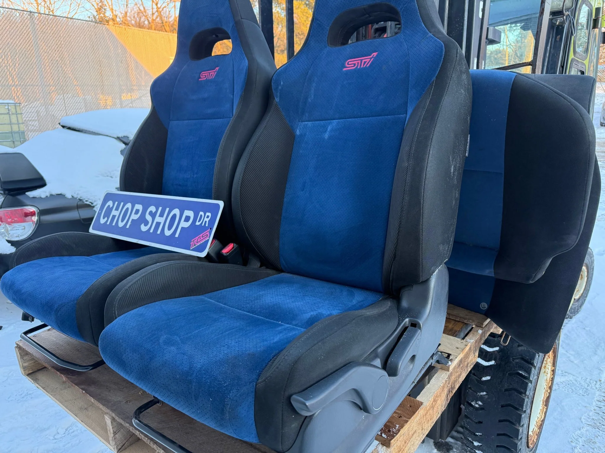 SUBARU STi front seat pair & rear WRX swap blue oem alcantara 2002-2007 pink cherry blossom logo - Image 8